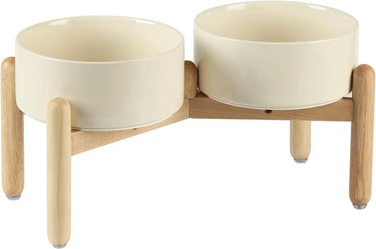 Ceramic 7.3inch Raised Double Bowls Set with Wooden Stand, Food & Water Bowls for Medium Breed Dogs, Weighted Dog Dishes, Pet Feeder(Beige) - Pet Explorer
