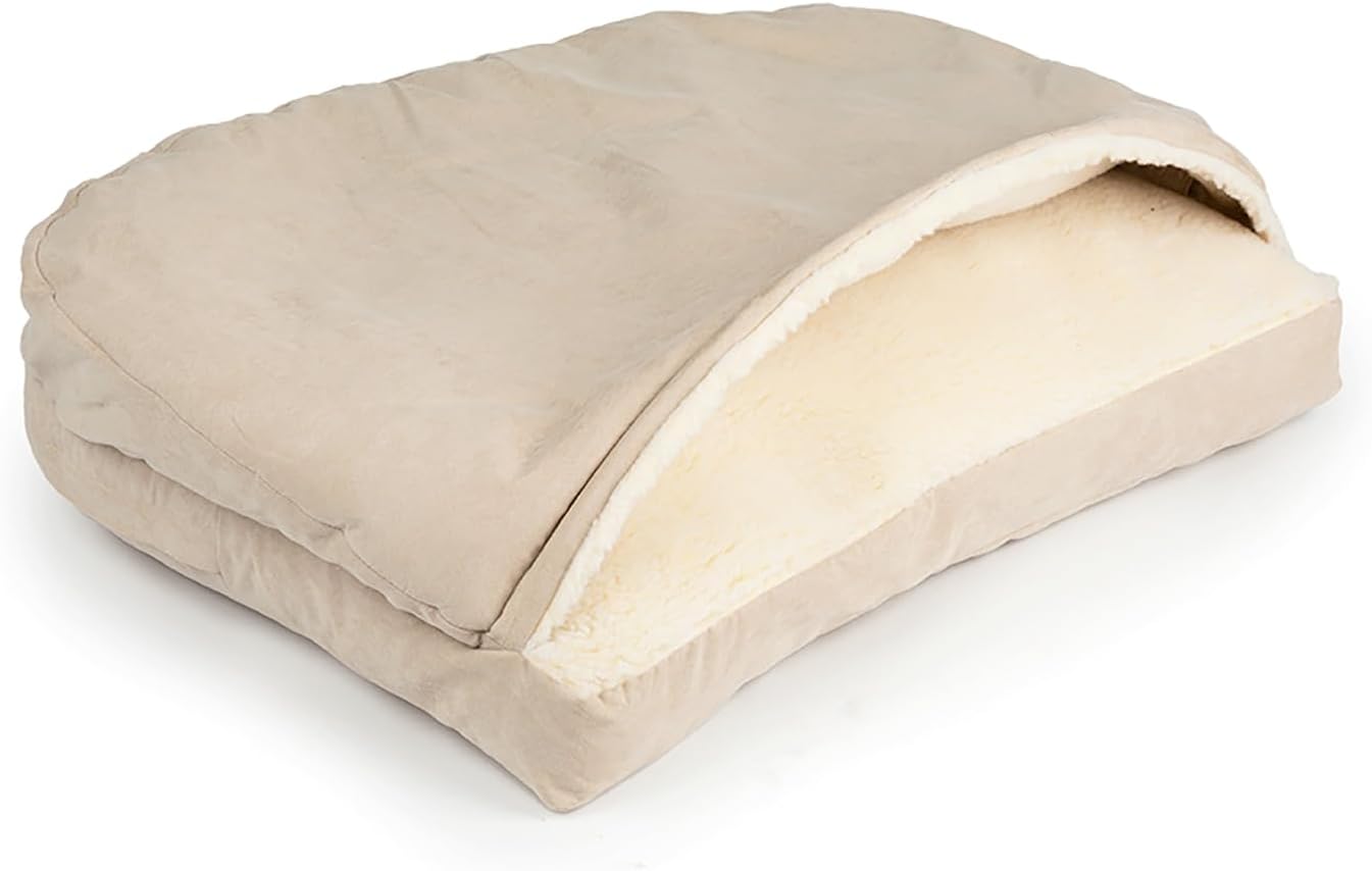 Snoozer Luxury Rectangle Cozy Cave Dog Bed - Indoor Dog Bed with Cover Cave, Covered Calming Burrow for Large Sized Pets with Blanket Attached, Enclosed, Washable - XL, Buckskin - Pet Explorer