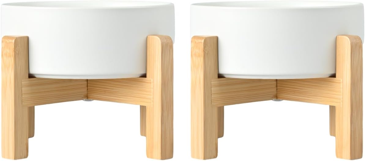 SPUNKYJUNKY Ceramic Elevated Dog Bowls 2 Pack - 5.1inch Raised Dog Bowls with Non-Slip Wooden Stand for Small Dogs Dishwasher Safe(White,13.5OZ*2) - Pet Explorer