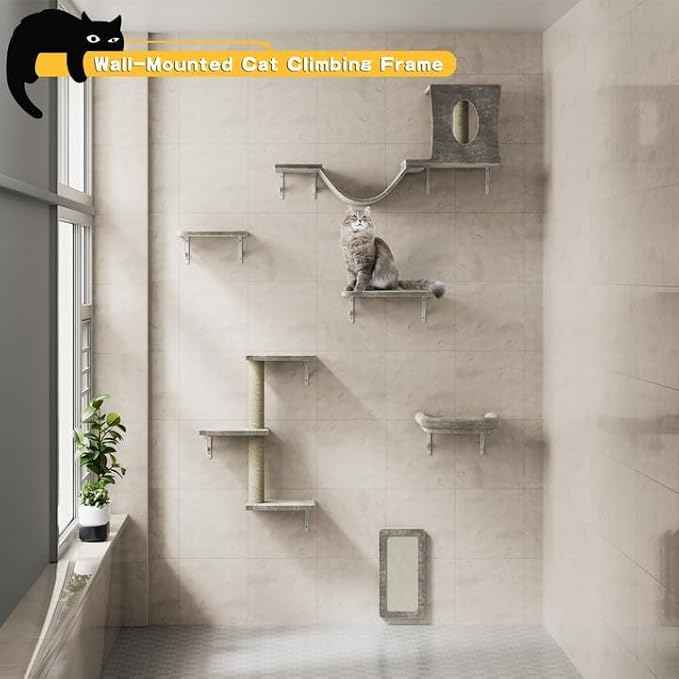 NUNU LAB Cat Wall Shelves, Cat Walls Mounted Climber Set, 6-in-1 Cat Climbing Furniture, Cat Scratching Post, Cat House, Cat Bridge, Cat Steps, Cat Climb Board & Cat Hammock, for Indoor Drywall, Gray