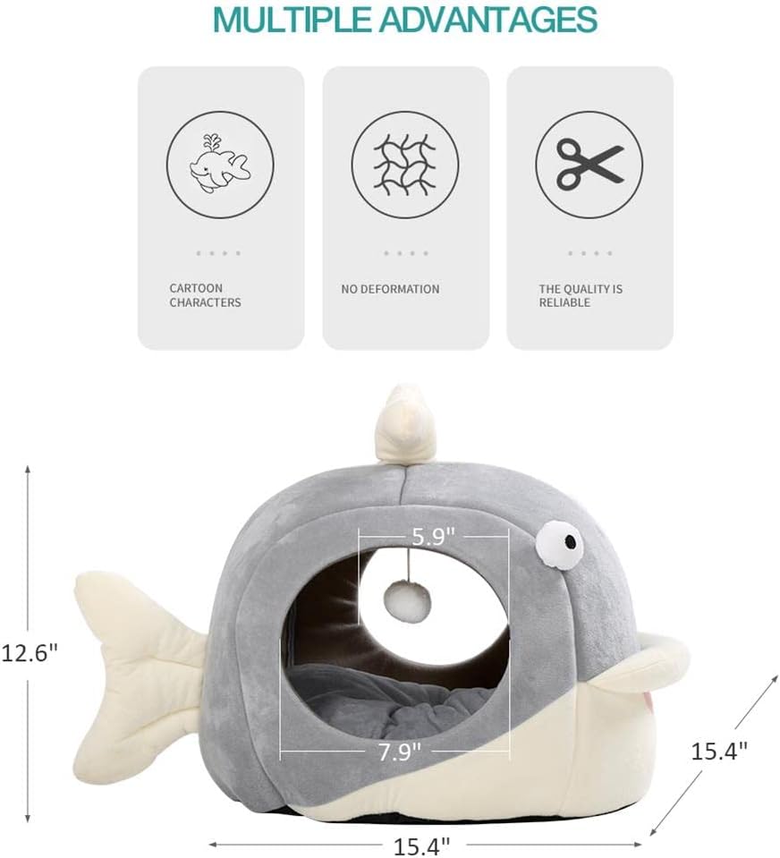 Lcybem Cat Beds for Indoor Cats - Cat Bed Cave with Removable Washable Cushioned Pillow, Calming Cozy Soft Cat Cave, Cute Friendly Dolphin Cat Houses for Indoor Cats No Deformation Pet Bed, L - Pet Explorer