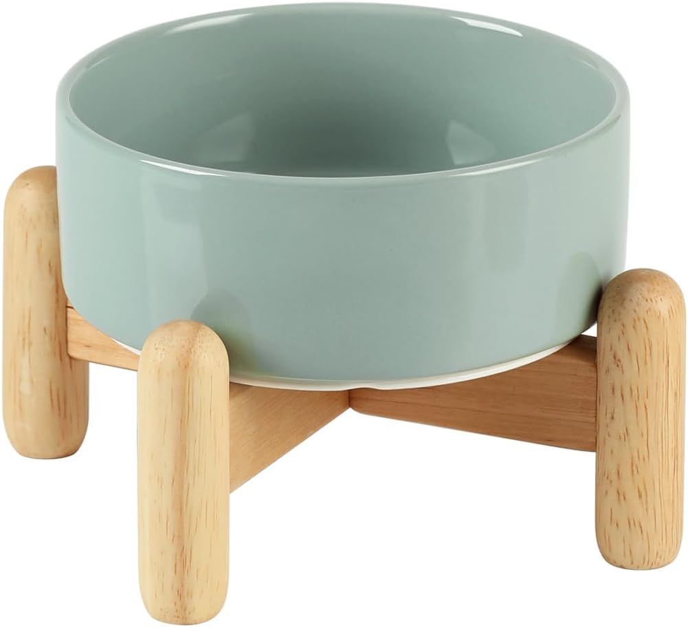 Ceramic 5.1inch Raised Dog and Cat Bowl Set, Elevated with Wooden Stand, Food and Water Bowl for Small Breed Dogs, Cats, Kitty, Weighted Dog Dishes, Pet Bowls(13.5oz, Light Green) - Pet Explorer