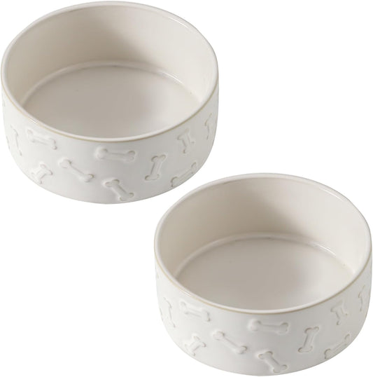 UBEE Ceramic Dog Bowl Set of 2, 5.1 inch Dog Food Bowl with Bone Pattern, Pet Food Water Dish Feeding for Small Dogs and Large Cat, White - Pet Explorer