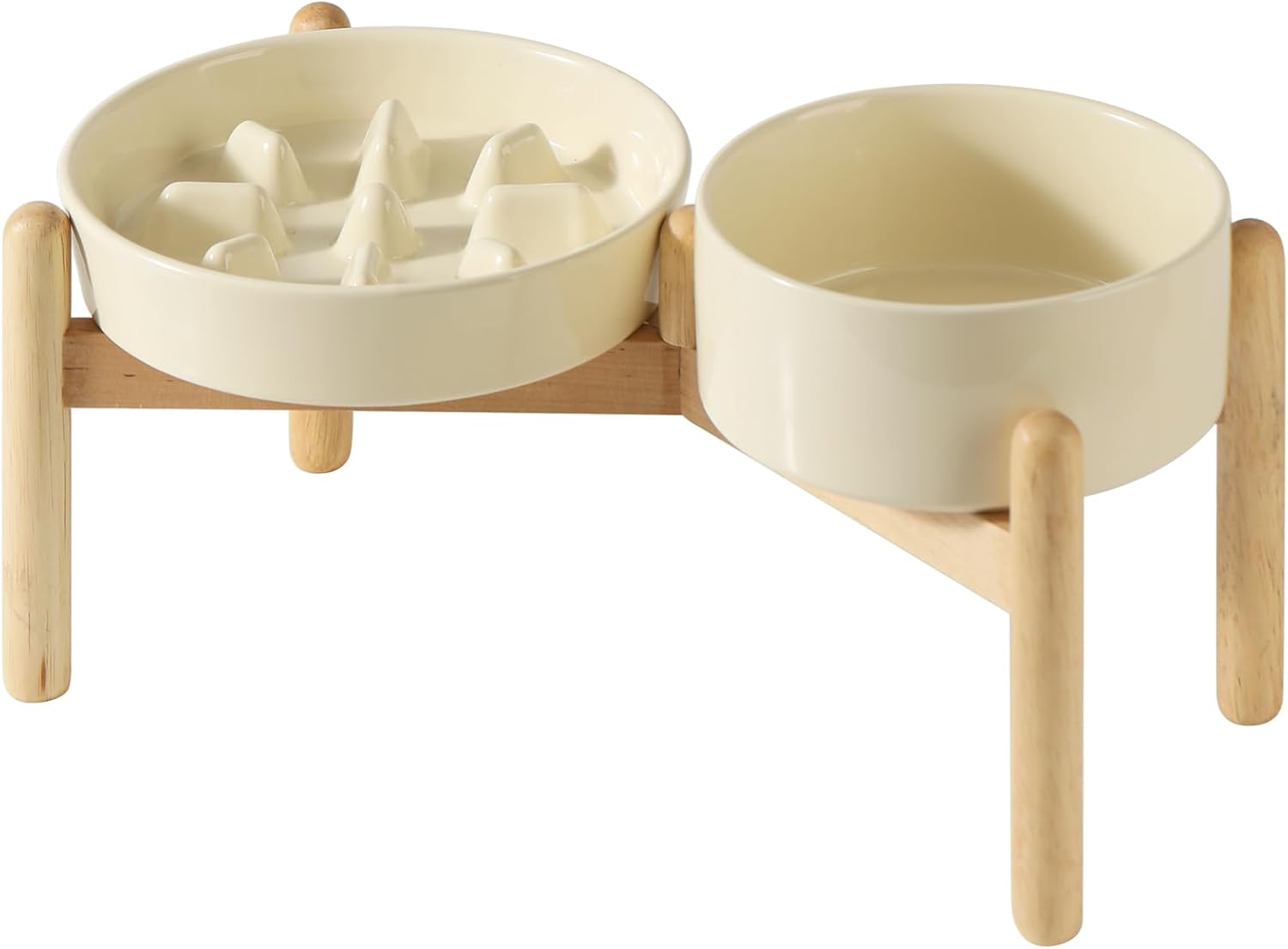 Ceramic Raised Slow Feeder Dog Bowl Set, Elevated 6.1inch Bowl and 7.3inch Slow Pet Food Dish with Wooden Stand for Small and Medium Dog (2 x Beige+ Stand) - Pet Explorer