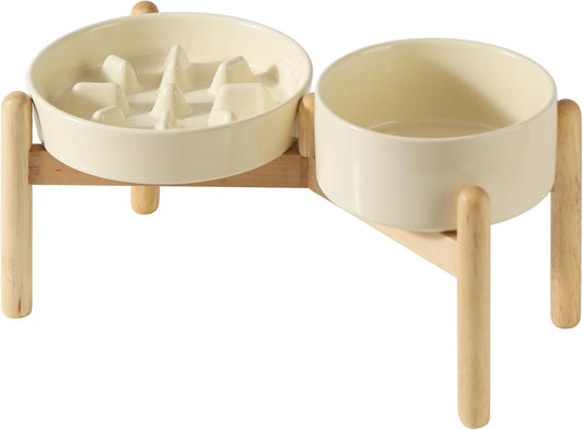 Ceramic Raised Slow Feeder Dog Bowl Set, Elevated 6.1inch Bowl and 7.3inch Slow Pet Food Dish with Wooden Stand for Small and Medium Dog (2 x Beige+ Stand) - Pet Explorer