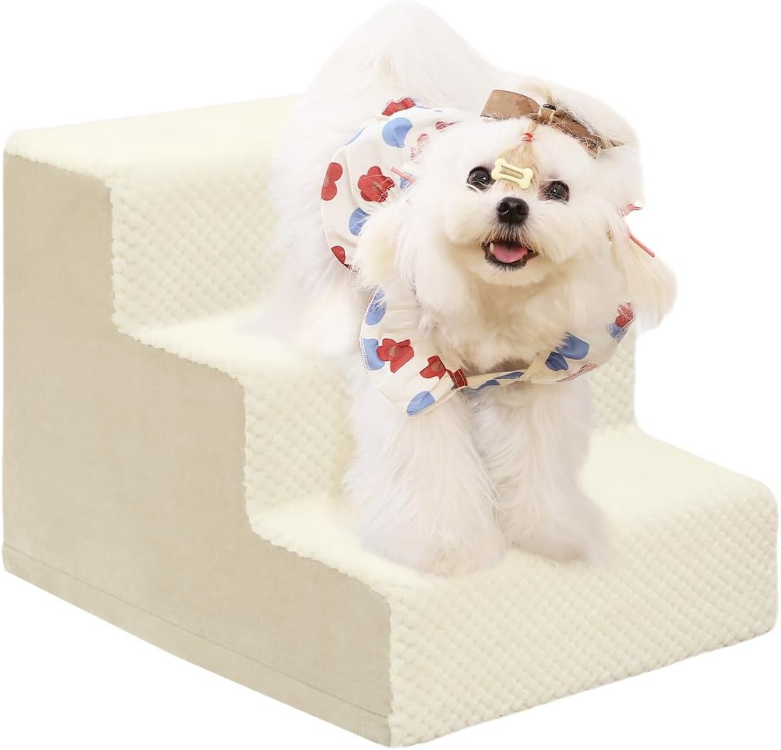 Dog Stairs for Small Dogs,13" H,3-Step Dog Steps for High Bed,Couch,Pet Stairs for Dogs and Cats Climbing with Non-Slip Bottom and Washable Cover,Beige - Pet Explorer