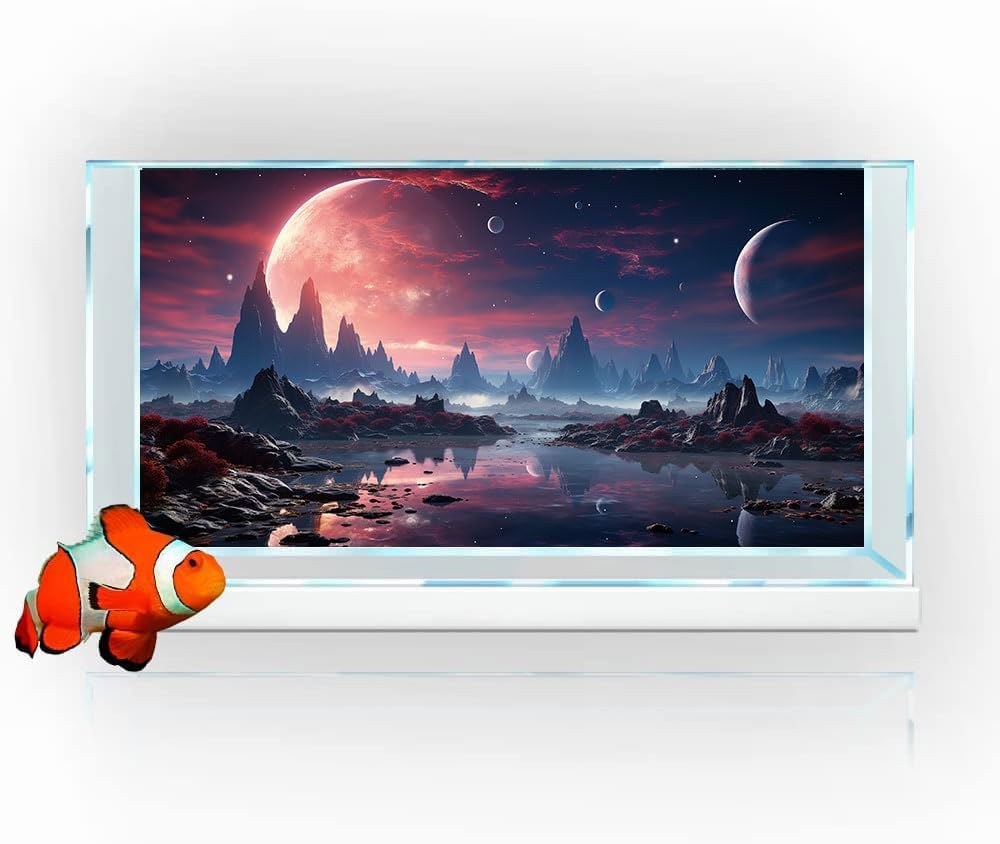 60X24IN Cosmic Spaceterrarium Background, Cool Parallel Space Themed Aquarium Reptile Habitat Background, Red Moon Aquarium Background with 10EVA Double-Sided Tape - Pet Explorer
