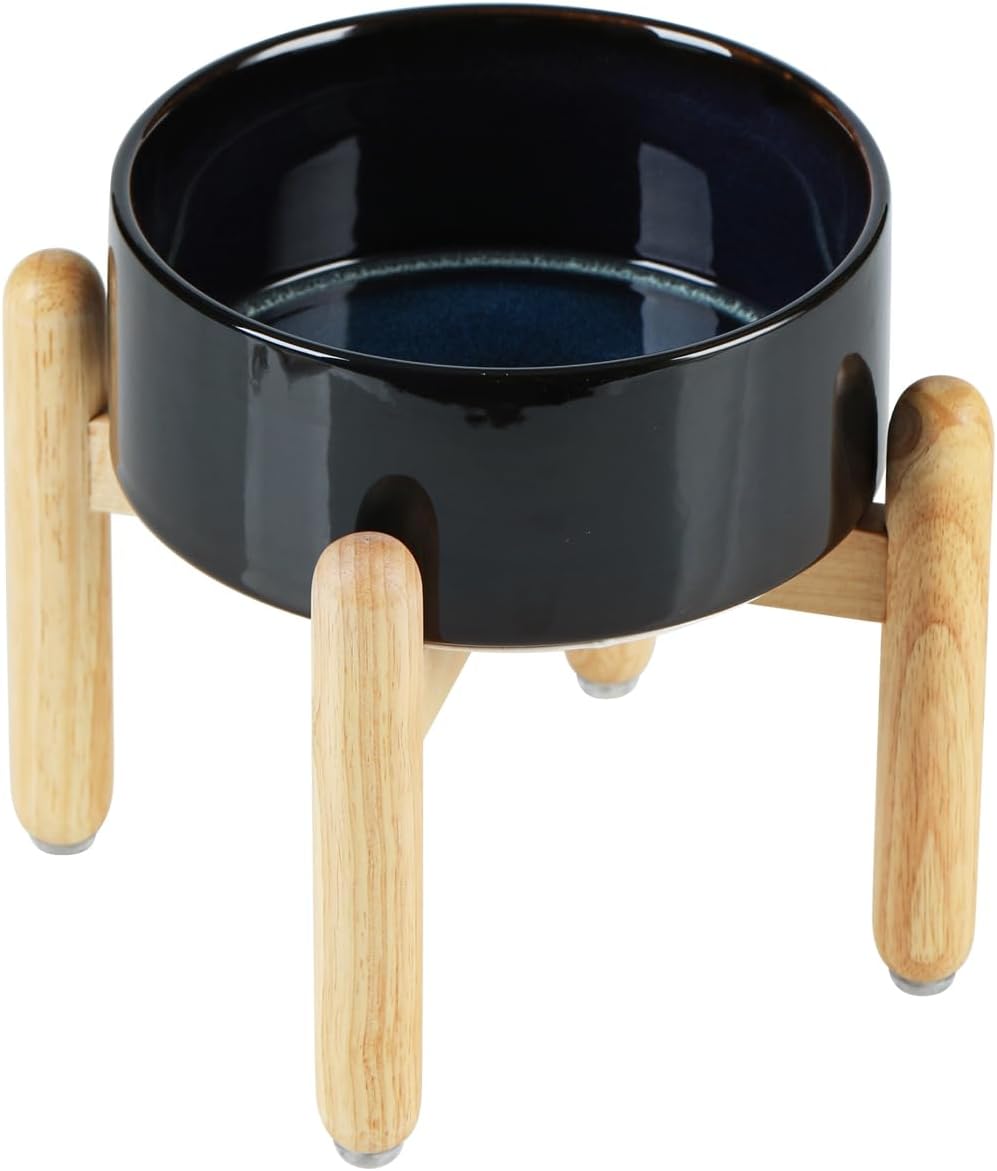 Ceramic 7.3inch Raised Dog Bowl Set, Elevated with Wooden Stand, Food and Water Bowl for Medium Breed Dogs, Weighted Dog Dishes, Pet Feeder(Starry Sky) - Pet Explorer