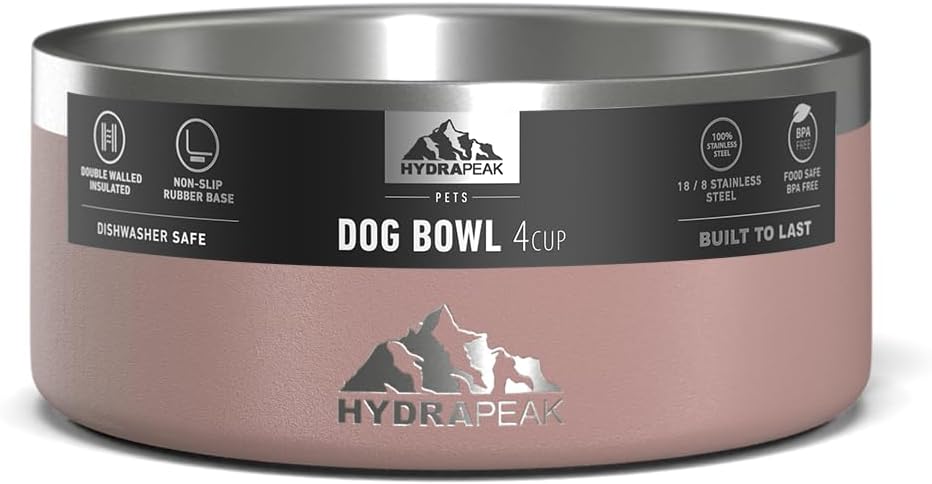 Hydrapeak Dog Bowl; Non Slip Stainless Steel; Water and Food Dish; Large Sized and Small Dogs; 32oz 64oz; Multiple Sizes; 4 Cup | Rosewood - Pet Explorer