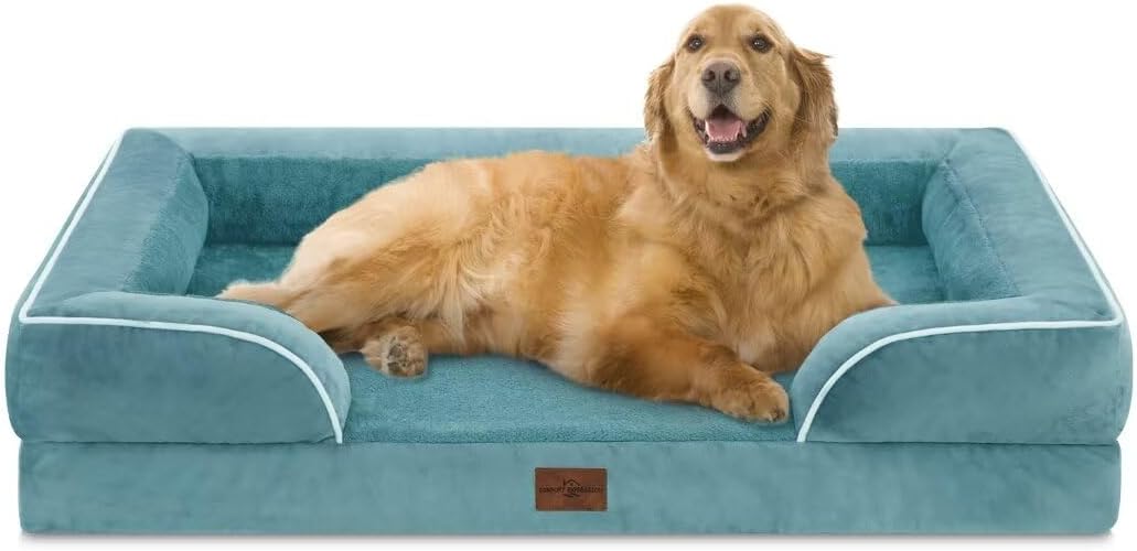 Comfort Expression Orthopedic Foam XL Dog Beds Waterproof, Extra Large Dog Bed with Bolster, Washable Pet Sofa Couch with Removable Cover & Non-Slip Bottom(X-Large,Washed Blue) - Pet Explorer
