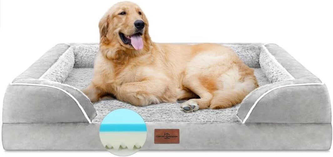Comfort Expression Memory Foam Dog Beds Large Sized, Orthopedic Dogs Beds Washable, XL Dog Beds with Removable Cover, Waterproof Pet Sofa Couch with Bolster(X-Large,Light Grey) - Pet Explorer