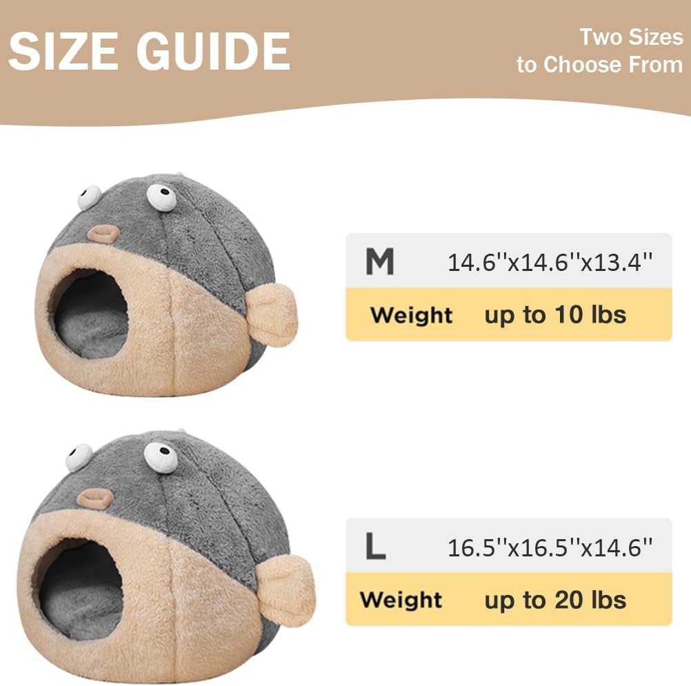 Cat Beds for Indoor Cats - Cat Bed Cave with Removable Washable Cushioned Pillow,2 in 1 Super Soft Animal-Shape Cat Tent for Kitten and Small cat, Lively Pufferfish cat beds & Furniture, Grey(M) - Pet Explorer