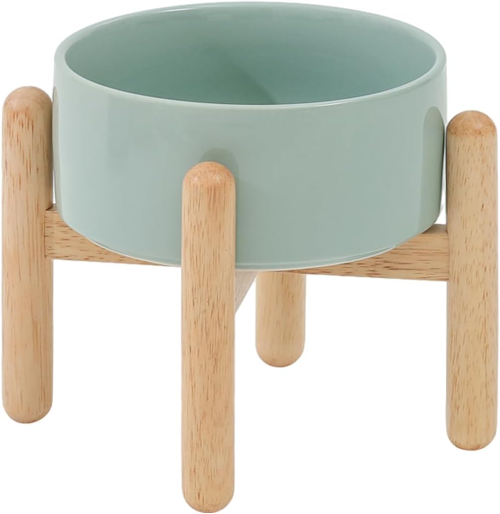 Ceramic 6.1inch Raised Dog Bowl with Stand for Small and Medium Dog Dish Pet Food and Water Bowl (Single Bowl with Stand - Light Green) - Pet Explorer