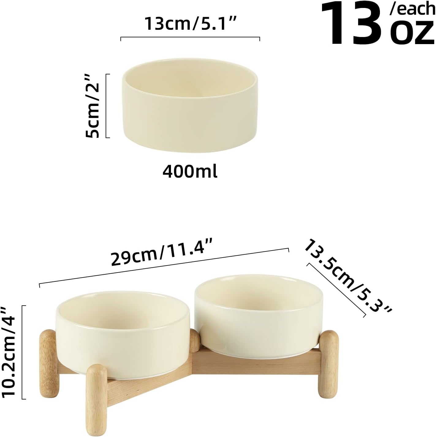 Ceramic 5.1inch Raised Double Bowls Set with Wooden Stand, Elevated Food & Water Bowls for Small Breed Dogs, Cats, Kitty, Weighted Dog Dishes, Pet Bowls(13.5oz, Beige) - Pet Explorer