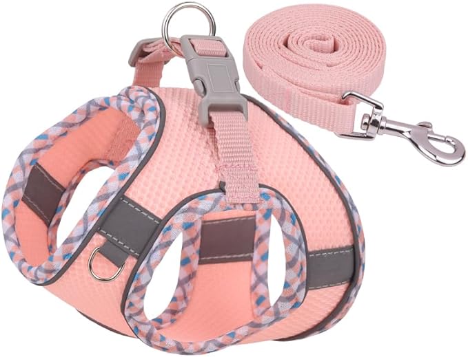 Dog Harness and Leash Set, No Pull Adjustable Reflective Pet Harness, Mesh Dog Harness, Step in Vest Harness Easy Walk Puppy Harness Outdoor Hiking Training for Small Medium Dogs, Cats(Pink,L)