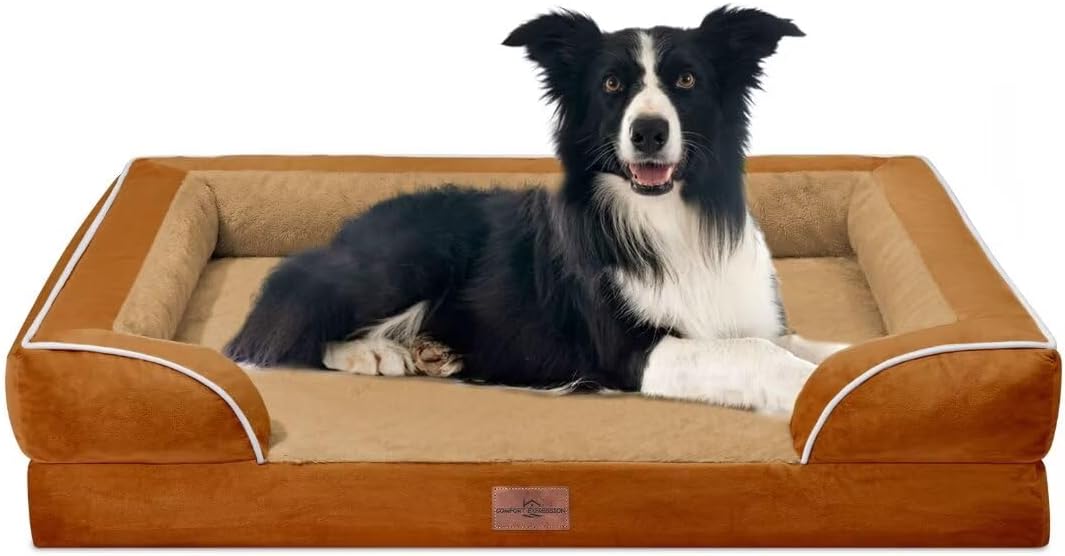 Comfort Expression Large Dog Beds Orthopedic Foam, Waterproof Dog Beds for Large Sized Dogs, Comfy Washable Pet Bed Sofa with Removable Cover & Non-Slip Bottom(Caramel) - Pet Explorer