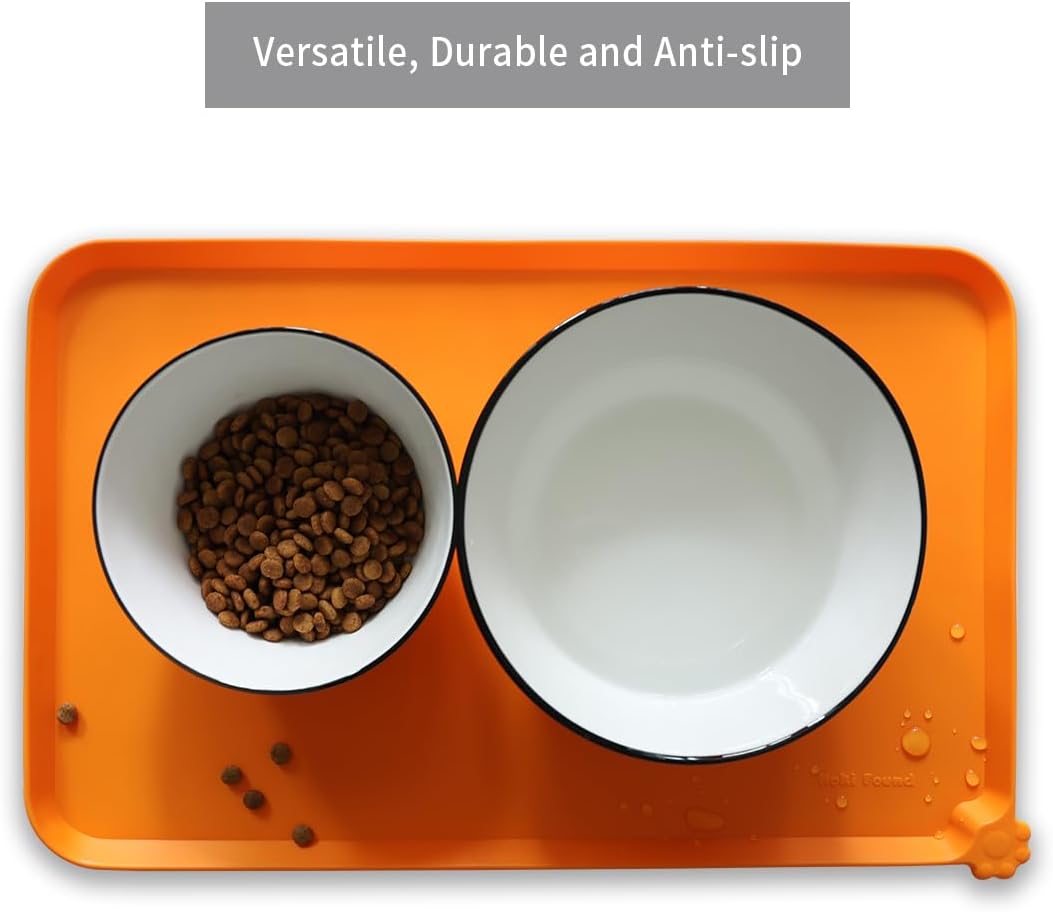 Hoki Found Silicone Non Slip Pet Feeding Mats - Bowl Placemat - Waterproof Dog Cat Food Mats - Orange - Pet Explorer