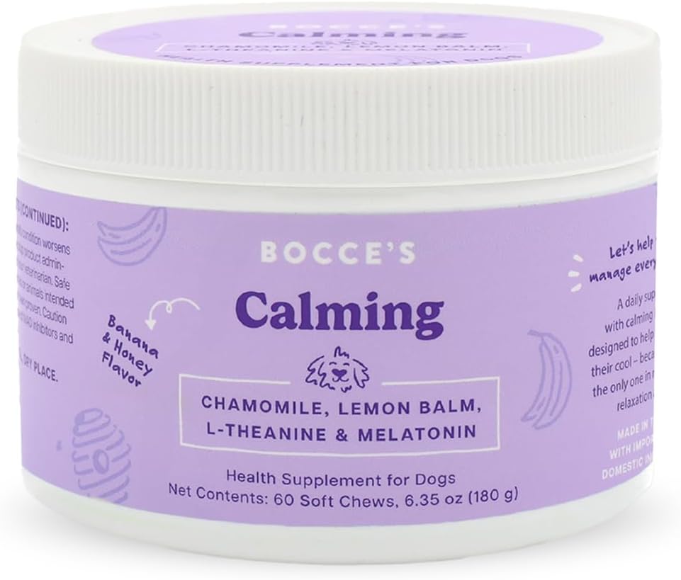 Bocce's Bakery Calming Supplement for Dogs, Daily Chews Made in The USA with Chamomile, Lemon Balm, L-Theanine & Melatonin, Supports Stress, Peanut Butter & Honey, 60 ct - Pet Explorer