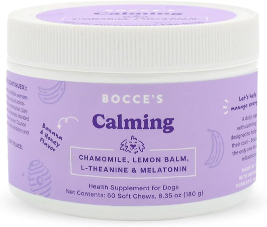 Bocce's Bakery Calming Supplement for Dogs, Daily Chews Made in The USA with Chamomile, Lemon Balm, L-Theanine & Melatonin, Supports Stress, Peanut Butter & Honey, 60 ct - Pet Explorer