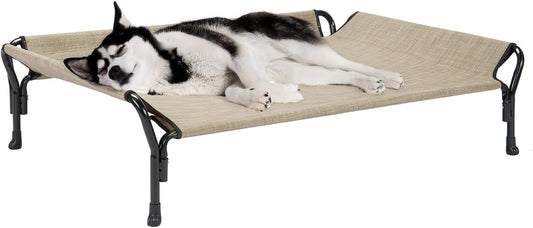 Veehoo Cooling Elevated Dog Bed, Raised Pet Cot with Guardrail & Slope Headrest, Durable Breathable Teslin Mesh, Non-Slip Feet, Washable Dog Couch Bed for Indoor & Outdoor, 47" x 32", Beige Coffee - Pet Explorer