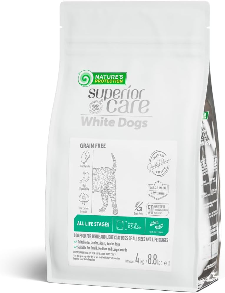 Nature's Protection Dry Dog Food for Puppy & Adult - High Protein, Grain Free Tear Stain Formula - Dog Kibble for Small, Medium & Large Breed Dogs with White Fur (Superior Care - Insect, 8.8 lb)