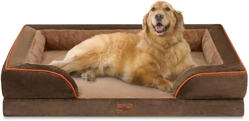 Comfort Expression Dog Beds for Extra Large Dogs, Waterproof Orthopedic Foam XL Dog Beds with Bolster, Washable Dogs Bed Sofa Pet Bed with Removable Cover & Non-Slip Bottom(X-Large,Brown) - Pet Explorer