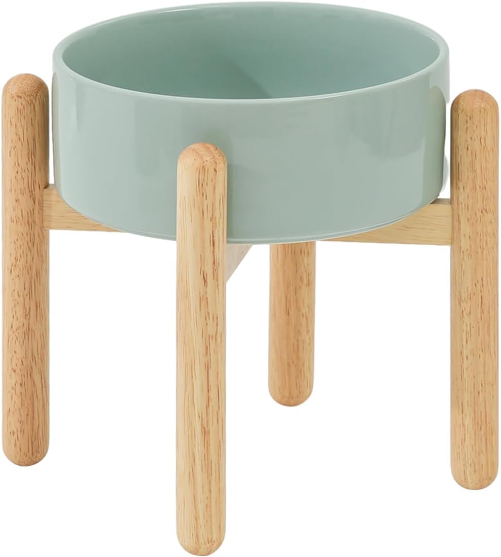 Ceramic 8.2inch Raised Dog Bowl with Stand for Large - Breed Dogs, Pet Food and Water Feeder(Single Bowl with Stand - Light Green) - Pet Explorer