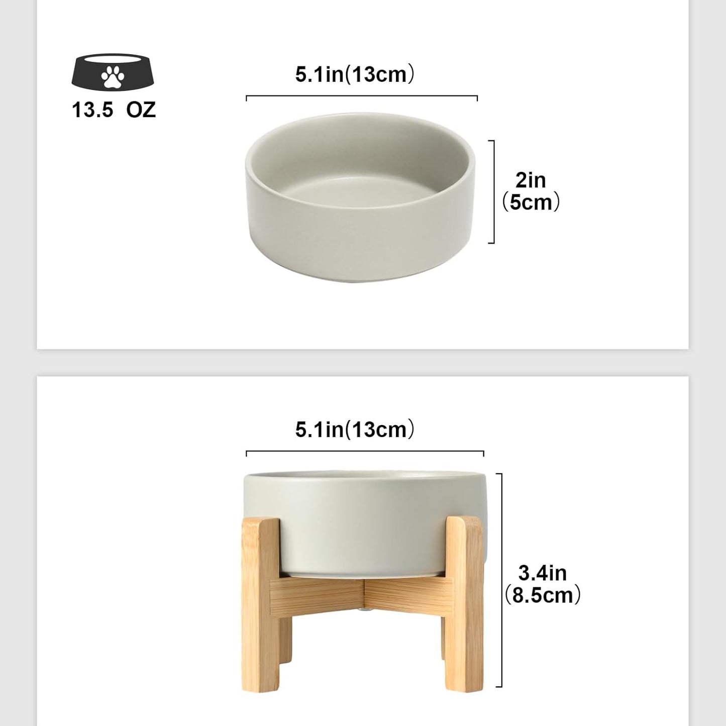 SPUNKYJUNKY Ceramic Elevated Dog Bowls 2 Pack - 5.1inch Raised Dog Bowls with Non-Slip Wooden Stand for Small Dogs Dishwasher Safe(Grey,13.5OZ*2) - Pet Explorer