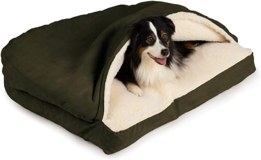 Snoozer Rectangle Cozy Cave Dog Bed - Indoor Dog Bed with Cover Cave, Covered Calming Burrow for Large Sized Pets with Blanket Attached, Enclosed, Washable - XL, Olive - Pet Explorer