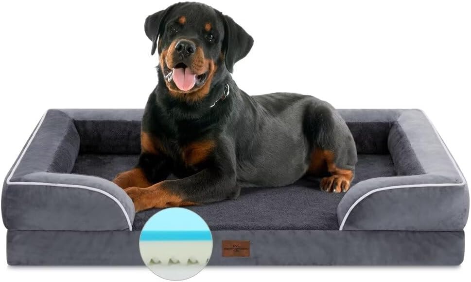 Comfort Expression Cooling Dog Bed, Jumbo Dog Bed for Extra Large Dogs, Memory Foam Orthopedic Bed, Large Breed Dogs, Waterproof Beds with Bolster & Removable Cover(Jumbo,Leaden Grey) - Pet Explorer