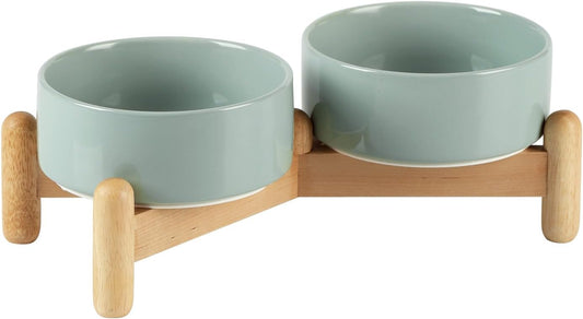 Ceramic 5.1inch Raised Double Bowls Set with Wooden Stand, Elevated Food & Water Bowls for Small Breed Dogs, Cats, Kitty, Weighted Dog Dishes, Pet Bowls(13.5oz, Light Green) - Pet Explorer
