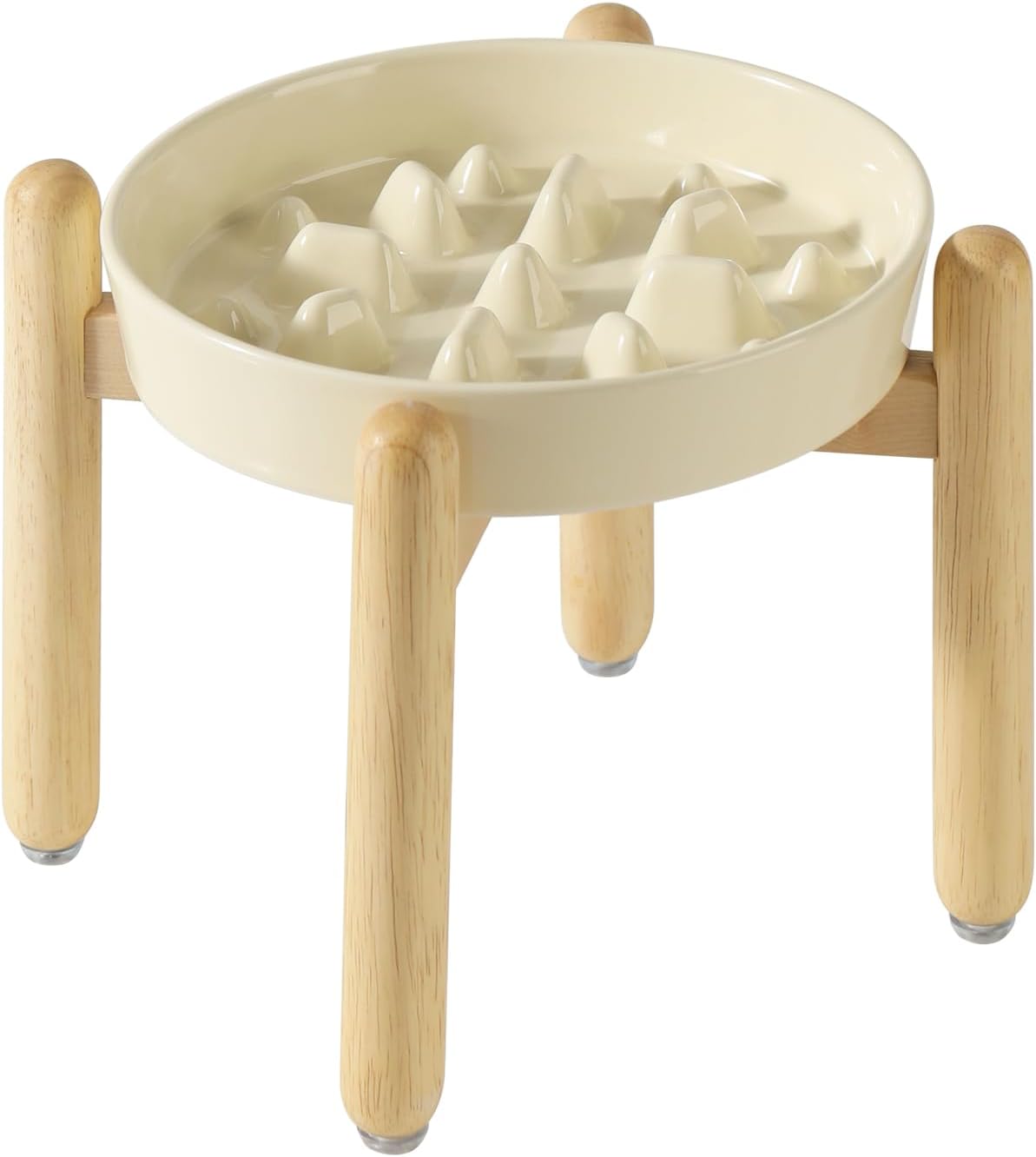 8.2inch Ceramic Dog Raised Slow Feeder Set, Elevated Bowl with Wooden Stand for Large and Medium Dog, Slow Feeder Dish for Fast Easters, Anti-Gulping(Beige, Single Bowl+ Stand) - Pet Explorer