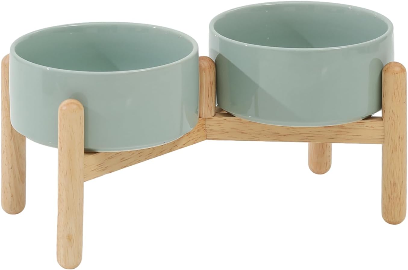 Ceramic 6.1inch Raised Dog Bowl with Stand for Small and Medium Breed Dog Dish Pet Food and Water Bowl (Double Bowl with Stand - Light Green, 28oz) - Pet Explorer