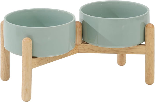 Ceramic 6.1inch Raised Dog Bowl with Stand for Small and Medium Breed Dog Dish Pet Food and Water Bowl (Double Bowl with Stand - Light Green, 28oz) - Pet Explorer