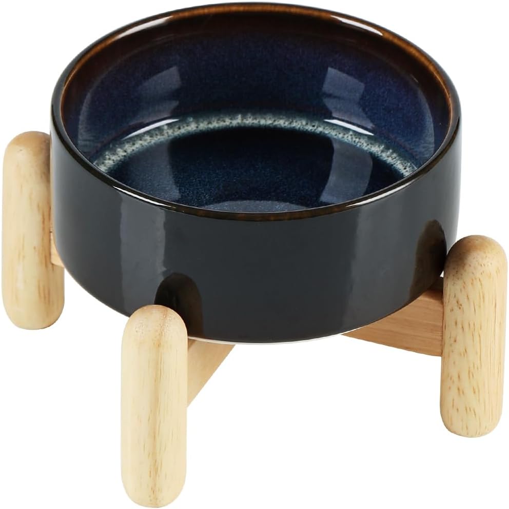 Ceramic 5.1inch Raised Dog and Cat Bowl Set, Elevated with Wooden Stand, Food and Water Bowl for Small Breed Dogs, Cats, Kitty, Weighted Dog Dishes, Pet Bowls(13.5oz, Starry Sky) - Pet Explorer