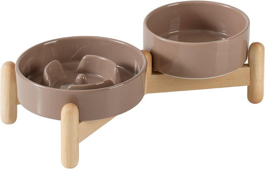 Ceramic Raised Slow Feeder Dog Bowl Set, Elevated 5.1inch Bowl and 6.1inch Puzzle Slow Pet Food Dish with Wooden Stand for Small Dog and Cat, Anti-Gulping (2X Brown Coffee+ Stand) - Pet Explorer