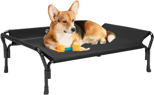 Veehoo Cooling Elevated Dog Bed, Raised Pet Cot with Guardrail & Slope Headrest, Durable Breathable Teslin Mesh, Non-Slip Feet, Washable Dog Couch Bed for Indoor & Outdoor, Medium 39.5" x 28", Black - Pet Explorer