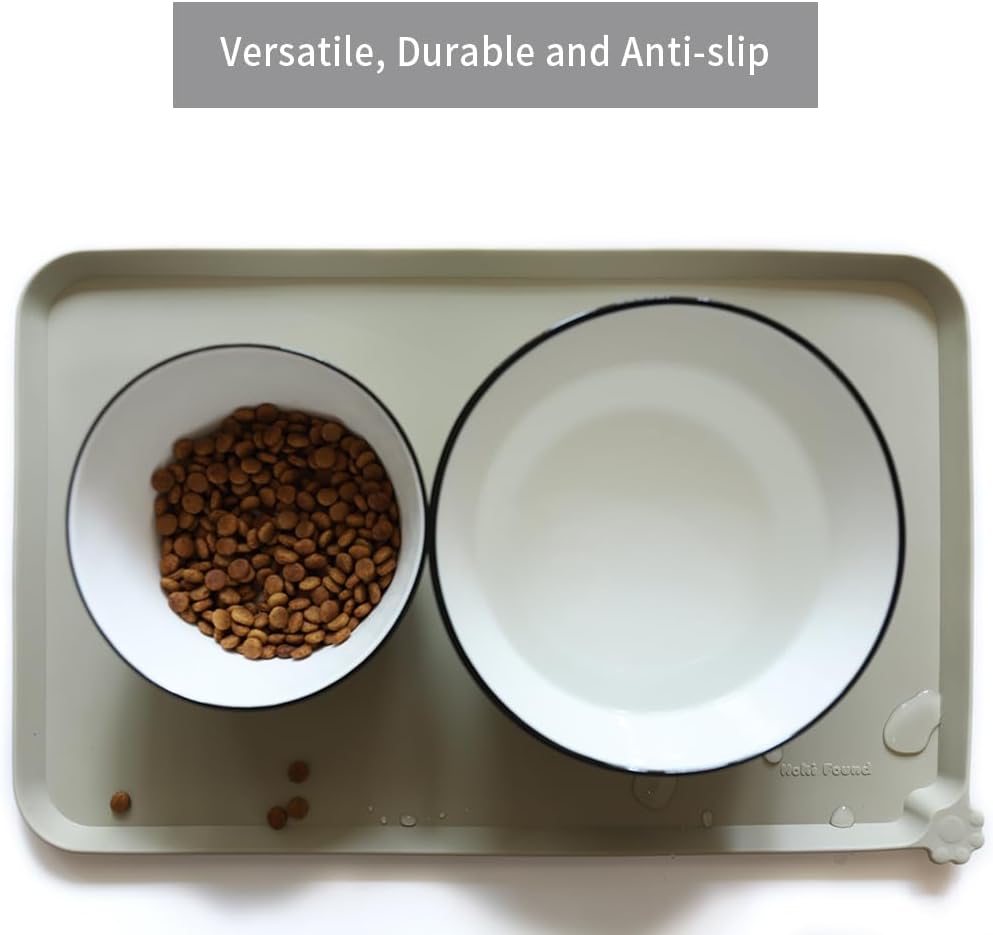Hoki Found Silicone Pet Food Tray - Non Slip Pet Dog Cat Bowl Placemat - Feeding Mat - Waterproof Dog Cat Food Mats - For Carpet - Cream Green - Pet Explorer