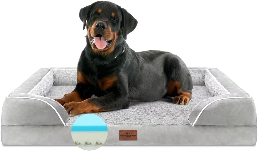 Comfort Expression Cooling Dog Bed, Orthopedic Memory Foam Dog Bed, Jumbo Beds for Extra Large Dogs, Large Breed Dogs Beds Waterproof with Bolster & Removable Cover(Jumbo,Light Grey) - Pet Explorer