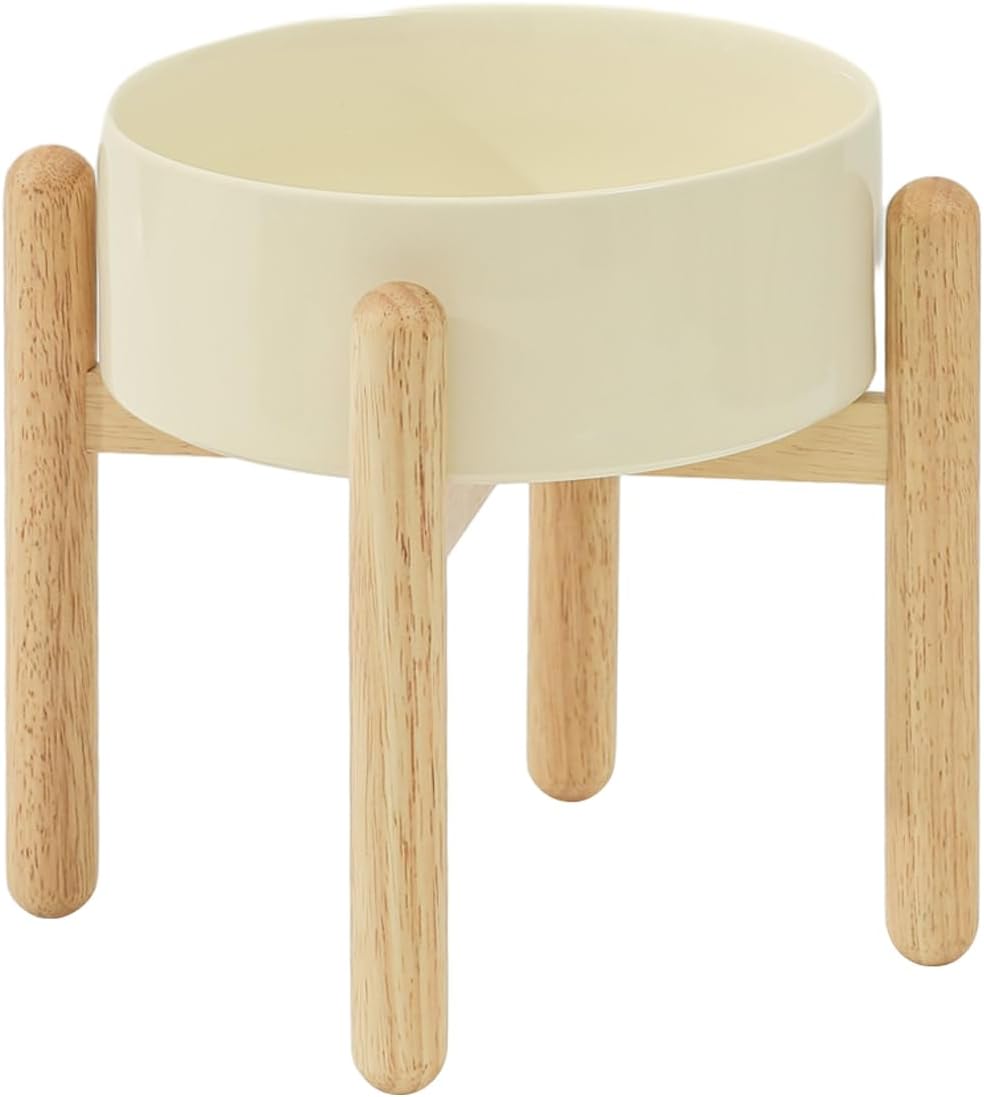 Ceramic 8.2inch Raised Dog Bowl with Stand for Large - Breed Dogs, Pet Food and Water Feeder(Single Bowl with Stand - Beige) - Pet Explorer
