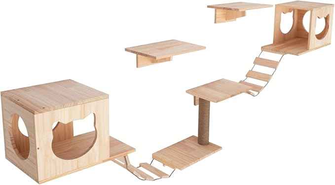 Wall Wood Cat Climber Set, Wall Mounted Cat Furniture Wooden Cat Shelves and Perches for Wall Cat Steps Ladder Cat Bed Activity Tree Cat Climbing