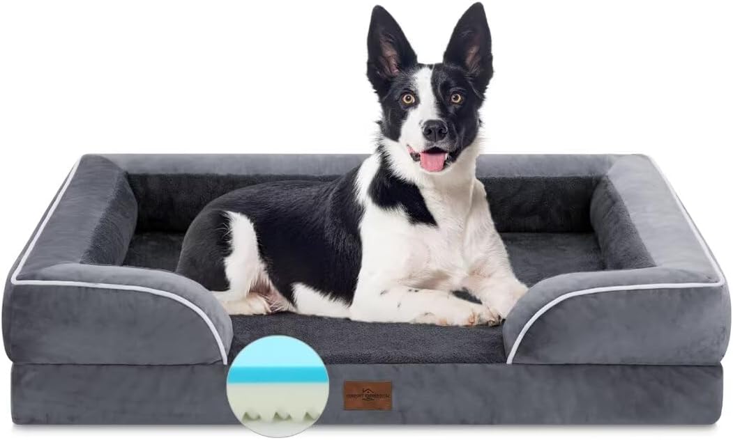 Comfort Expression Cooling Dog Bed for Large Dogs, Memory Foam Orthopedic Dogs Beds, Waterproof Washable Dog Beds with Removable Cover, Pet Bed Sofa with Bolster(Large,Leaden Grey) - Pet Explorer