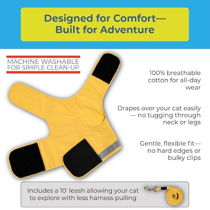 CAT SCHOOL Cat Harness and Leash Set for Outdoor Walks, Training, and Travel, Secure, Soft, Comfortable Cat Vest Harness with 10' Long Cat Leash, Easy to Use (Yellow, XS)
