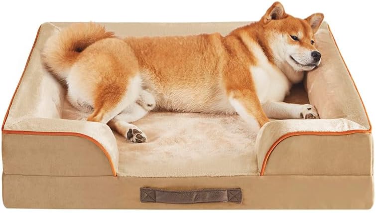 Friends Forever Orthopedic Dog Bed for Medium Dogs, Waterproof Memory Foam Dog Sofa Bed M with Removable Washable Cover, Ally Khaki, 28x23x6.5 - Pet Explorer