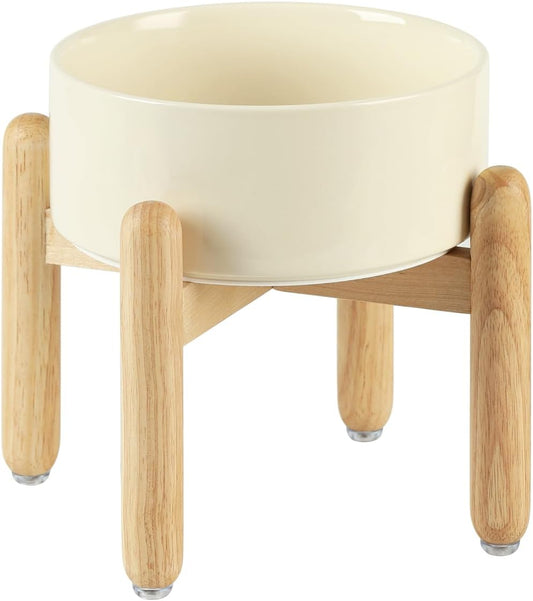 Ceramic 7.3inch Raised Dog Bowl Set, Elevated with Wooden Stand, Food and Water Bowl for Medium Breed Dogs, Weighted Dog Dishes, Pet Feeder(Beige) - Pet Explorer
