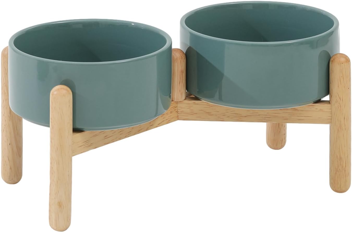 Ceramic 6.1inch Raised Dog Bowl with Stand for Small and Medium Breed Dog Dish Pet Food and Water Bowl (Double Bowl with Stand - Dark Green, 28oz) - Pet Explorer