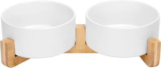 SPUNKYJUNKY Ceramic Dog and Cat Bowl with Wood Stand Non-Slip Matte Glaze Weighted Food Water Set for Cat Medium Dog 28.7 OZ