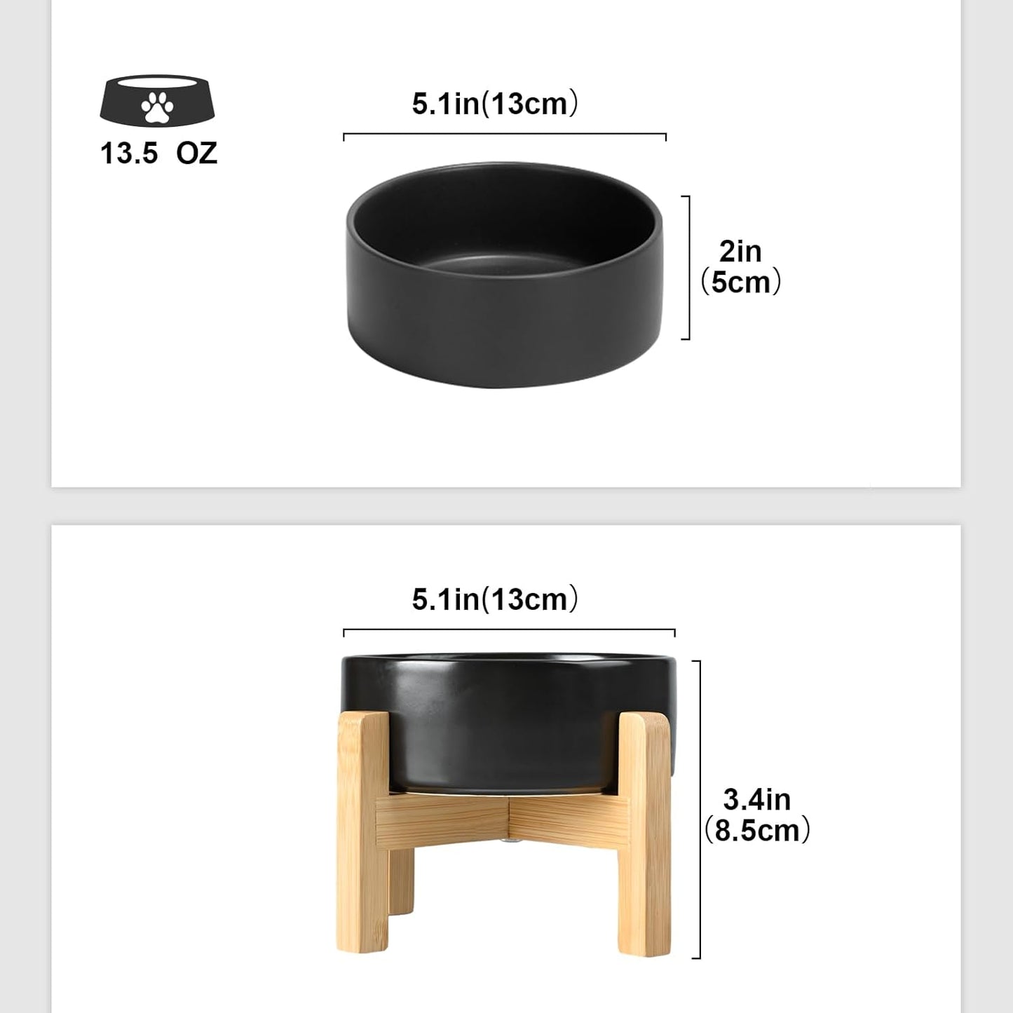 SPUNKYJUNKY Ceramic Elevated Dog Bowls 2 Pack - 5.1inch Raised Dog Bowls with Non-Slip Wooden Stand for Small Dogs Dishwasher Safe(Black,13.5OZ*2) - Pet Explorer