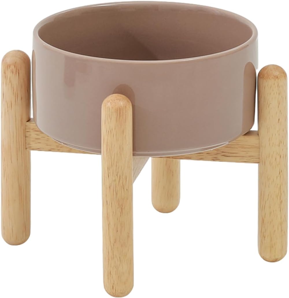 Ceramic 6.1inch Raised Dog Bowl with Stand for Small and Medium Dog Dish Pet Food and Water Bowl (Single Bowl with Stand - Brown Coffee) - Pet Explorer