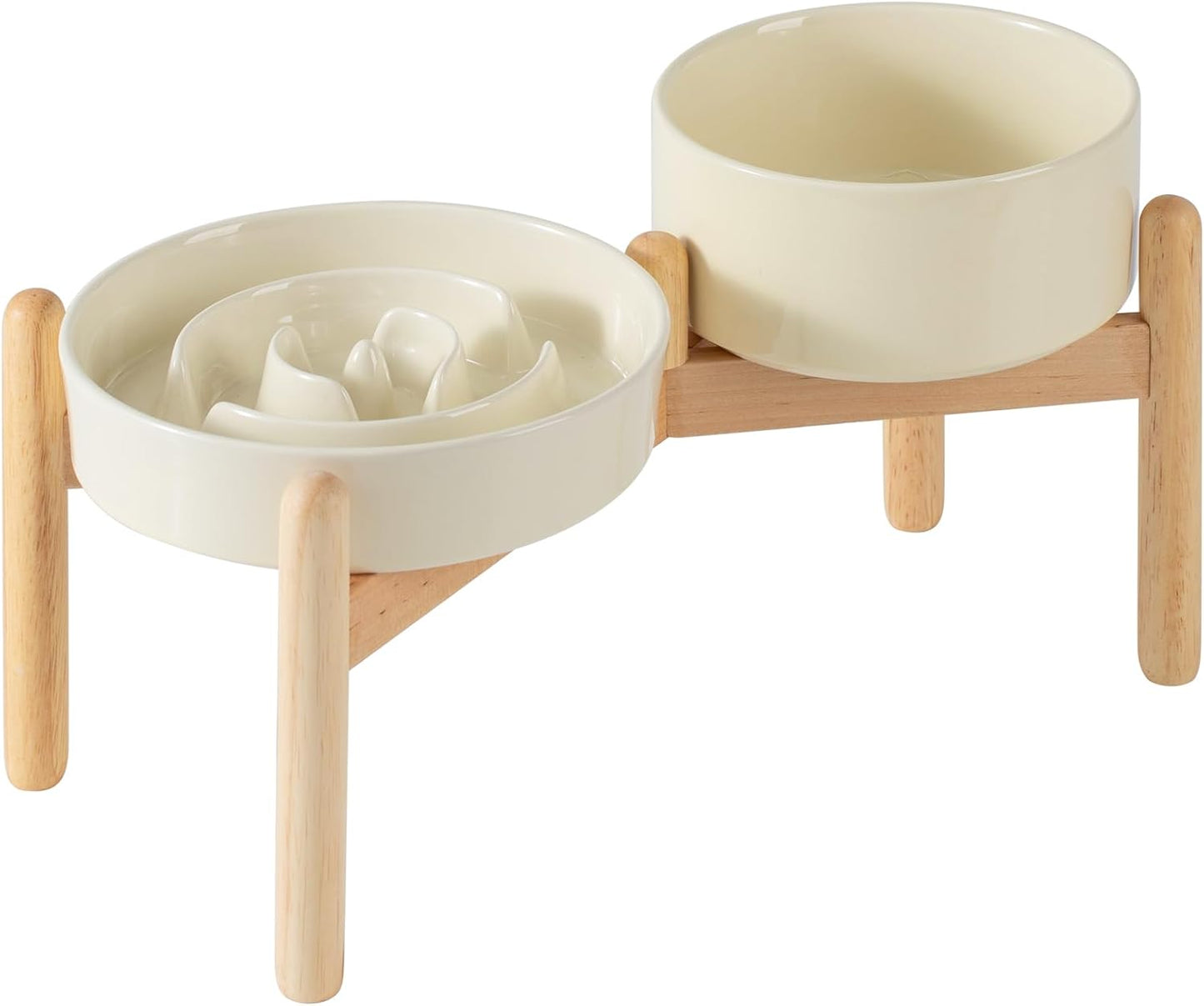 Ceramic Raised Slow Feeder Dog Bowl Set, Elevated 6.1inch Bowl and 7.3inch Puzzle Slow Food Dish with Wooden Stand for Small and Medium Dog, Anti-Gulping (2X Beige+ Stand) - Pet Explorer